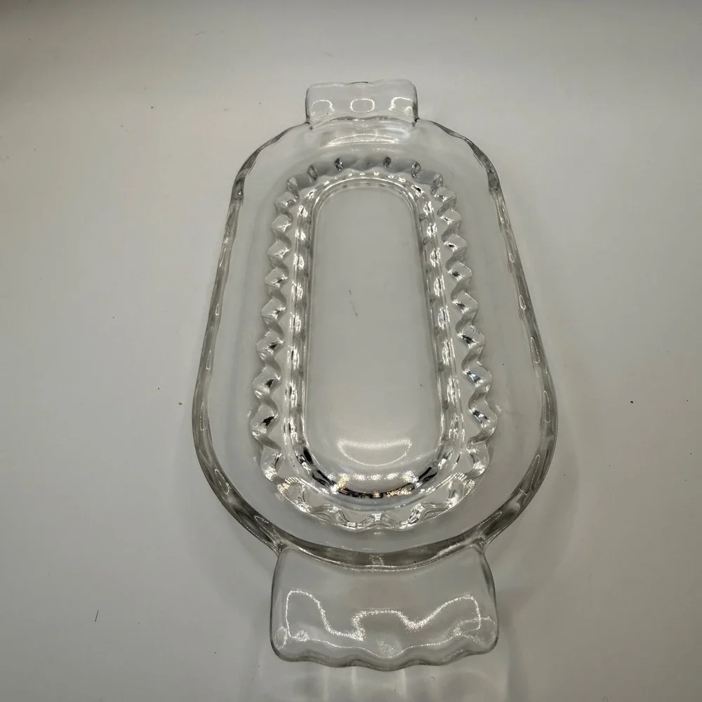 Vintage Clear Pressed Glass Relish Dish Scalloped Oval Serving Tray Tab Handles